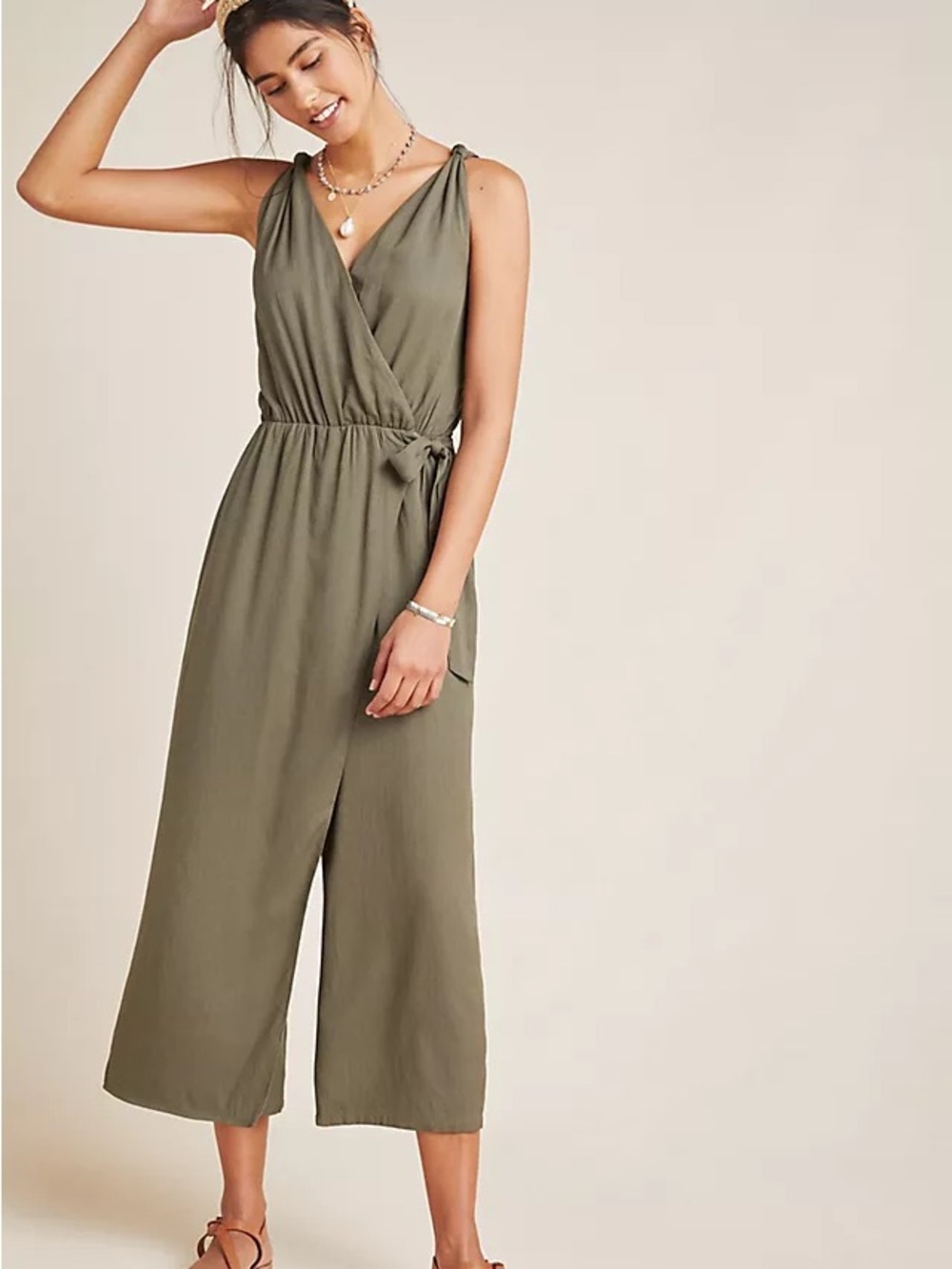 Greylin Olive Wrap Sleeveless Wide-Leg Jumpsuit